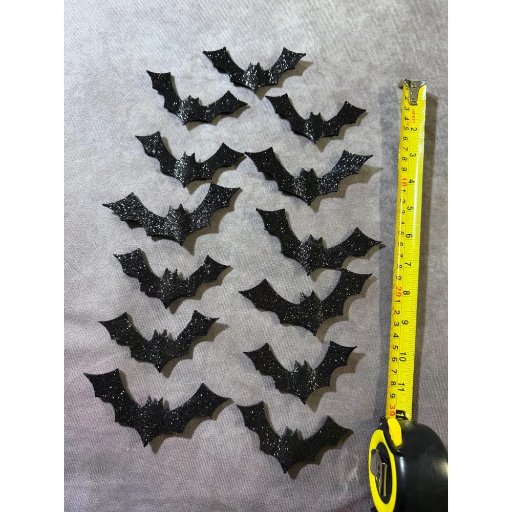 12pc Halloween Black Glitter Bat Wall Decals 3D Spooky Gothic Home Decor Set